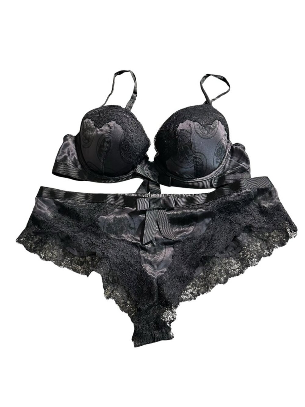 Vintage Victoria’s Secret Silk Lingerie Set Tanga Lace Bow 36C M Black Logo RARE